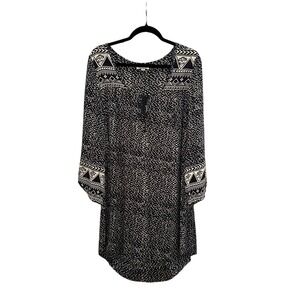 Billabong Womens Black Cream Tribal Print Boho Shift Dress V-Neck Tassels Size M